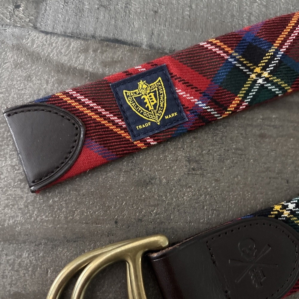 Polo Ralph Lauren Belt Men 42 Red Tartan Plaid Lochcarron Holiday Festive D ring - Picture 3 of 9